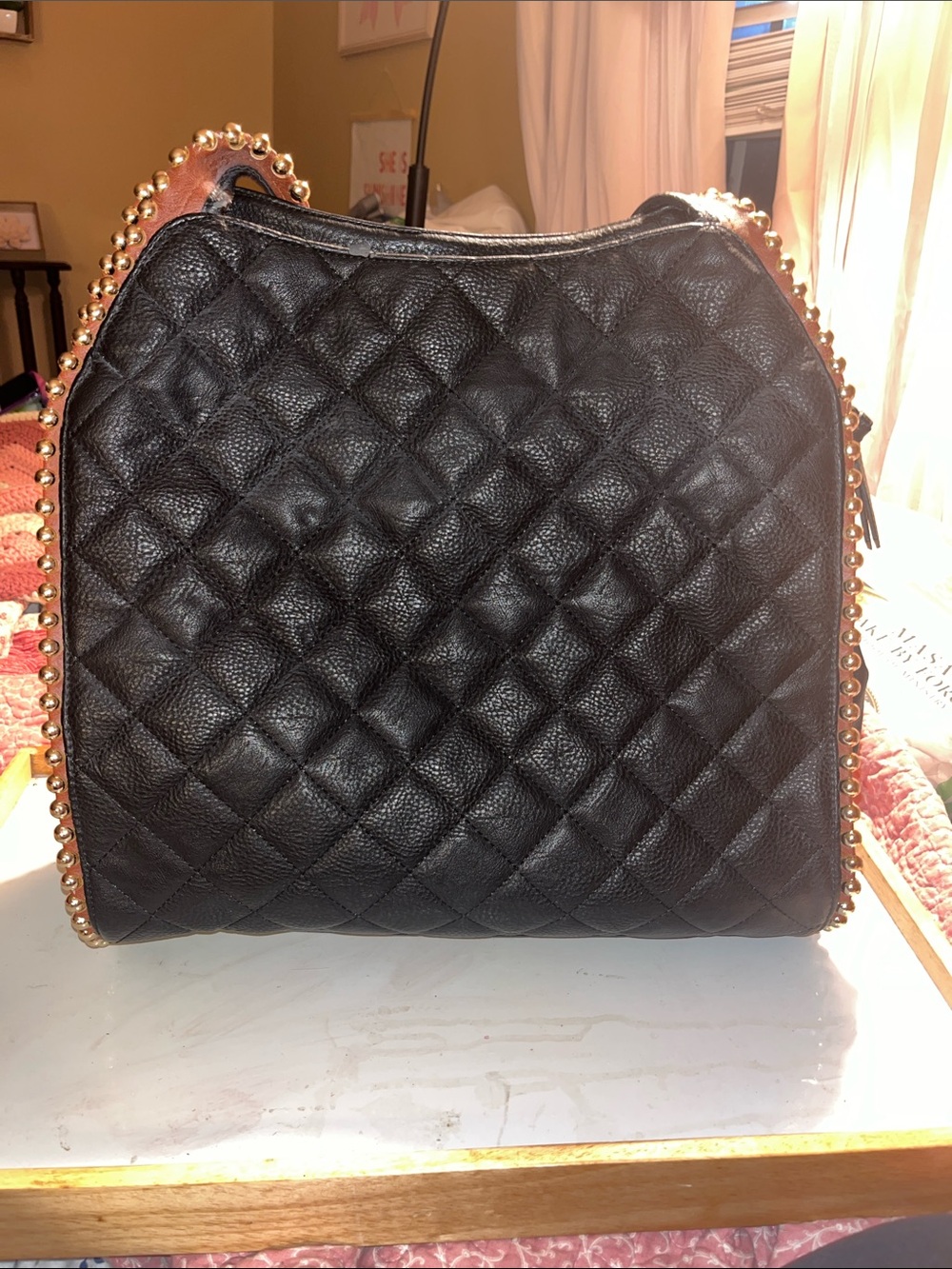 Big Buddha Black Quilted Shoulder Bag with Gold Studs